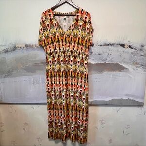 J JILL Womens M Knit Maxi Dress Multicolor V-Neck Southwestern IKAT Aztec Tribal